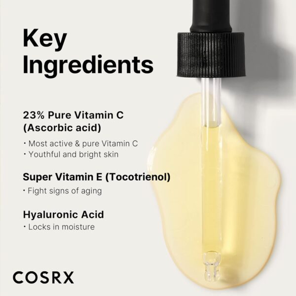 COSRX - The Vitamin C 23 Serum .(Contact for wholesale) Major Ingredients: Water, Ascorbic Acid, Propanediol, Dimethicone, Tromethamine, Panthenol, 3-O-Ethyl Ascorbic Acid, Squalane, Caffeine, Sodium Chloride, Sodium Hyaluronate, Disodium EDTA, Sodium Sulfite, Glutathione, Adenosine, Gardenia Florida Fruit Extract, Dextrin, Acetyl Glucosamine, Allantoin, Tocotrienols, Tocopherol, Elaeis Guineensis (Palm) Oil, Niacinamide, Butylene Glycol, Arginine, Alcohol Denat., Pentylene Gylcol, Glycyrrhiza Glabra (Licorice) Root Extract, Tocopherol, Carthamus Tinctorius (Safflower) Seed Oil, Helianthus Annuus (Sunflower) Seed Oil, Camellia Japonica Seed Oil, Methyl Trimethicone, Helianthus Annuus (Sunflower) Seed Oil, Daucus Carota Sativa (Carrot) Root Extract, Beta-Carotene, TocopherolMore Ingredients subject to change at manufacturer's discretion. For the most complete and up-to-date list of ingredients, please refer to product packaging.